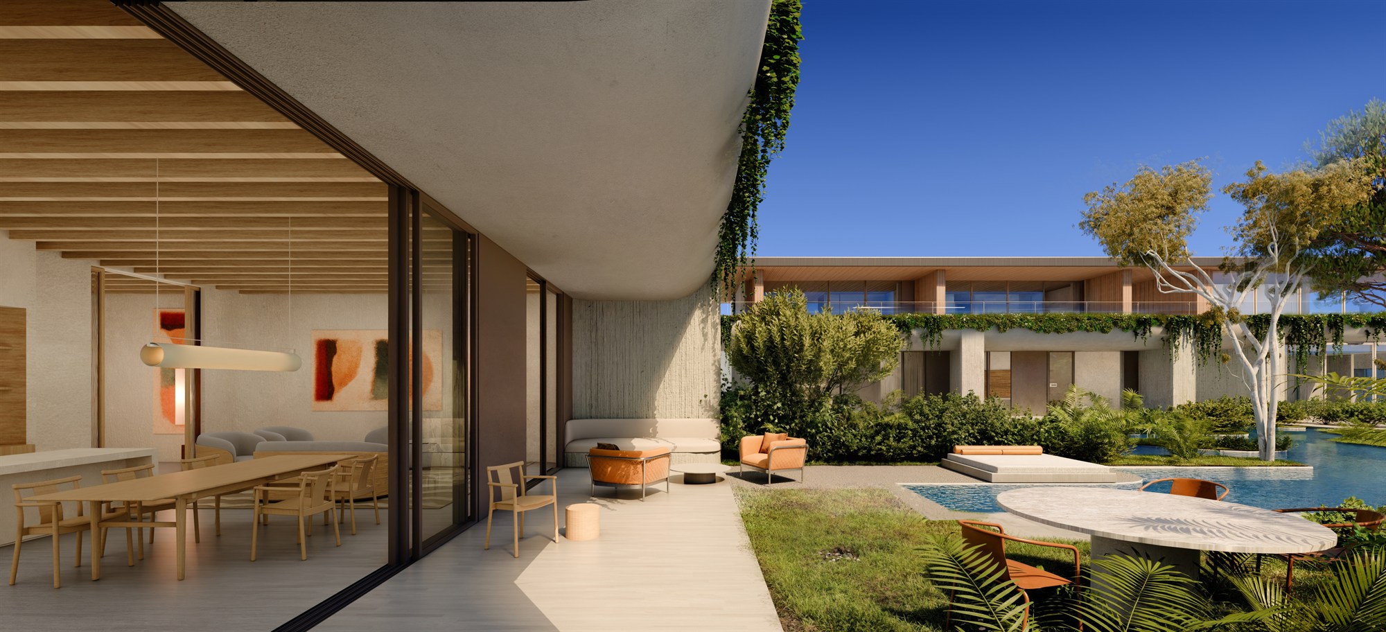 Render of a timber-lined architectural space with a bright central opening.